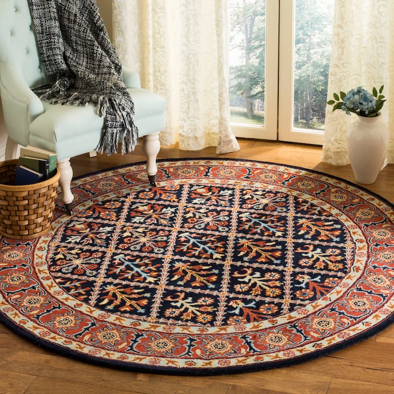 SAFAVIEH Handmade Heritage Overlapping Diamond Traditional Oriental Wool Rug - 6' Round - Navy/Red
