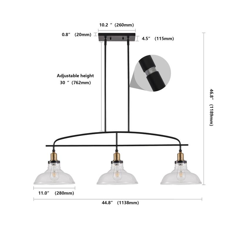 Industrial 3-Light Pendant Chandelier with Clear Glass Shades, Black Metal Frame, Adjustable Height