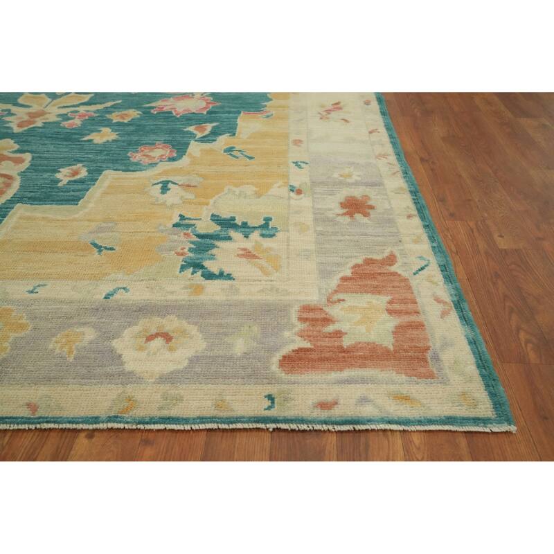 Vegetable Dye Wool Oushak Turkish Area Rug, Floral Geometric Carpet - 12' 10'' X 6' 11''