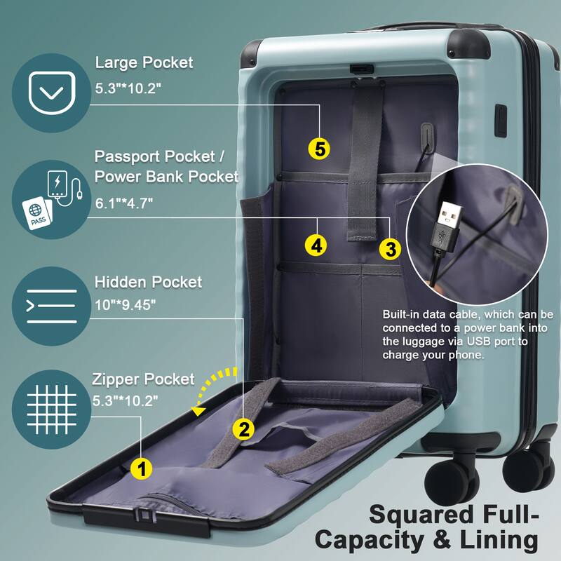 Luggage Sets 5 Piece with Front Opening, Hardside Expandable Carry on Suitcase, with Spinner Wheels, TSA Lock, USB Port