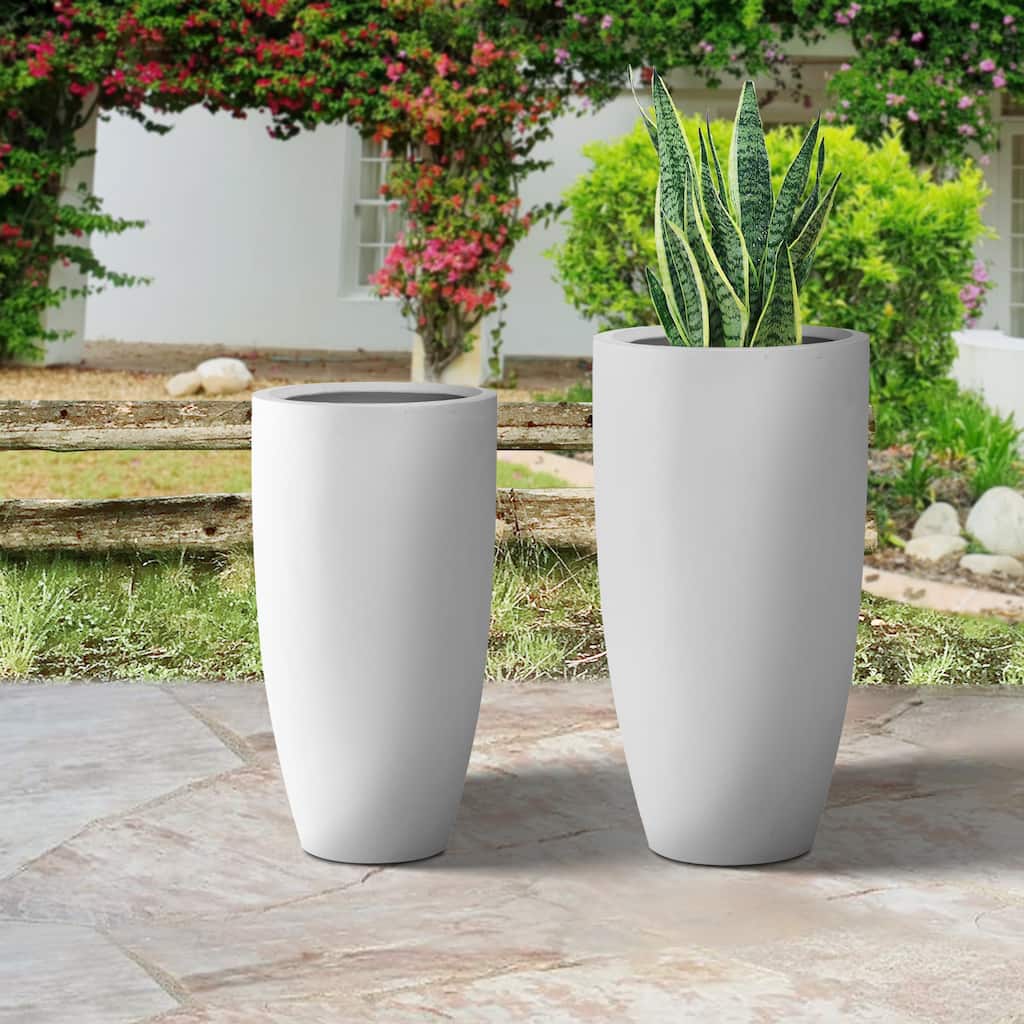 Plantara 32" & 23.6" H Concrete Tall Solid White planter, Large Outdoor Plant pot, Modern Tapered Flower pot for Garden