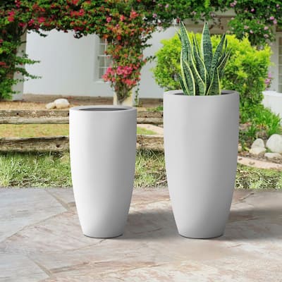 Plantara 32" & 23.6" H Concrete Tall Solid White planter, Large Outdoor Plant pot, Modern Tapered Flower pot for Garden