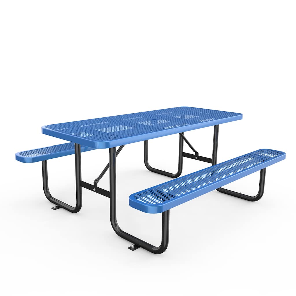 72" Expanded Metal Rectangular Picnic Table, Blue With Umbrella Hole