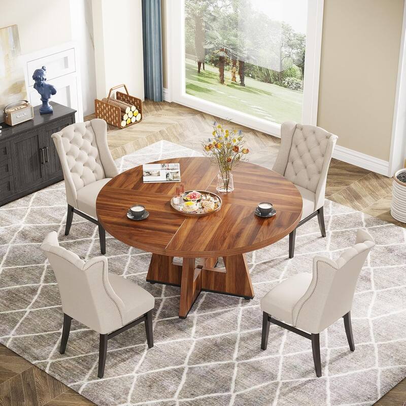 47" Round Wood Dining Table 4-Seater Farmhouse with Wooden Tabletop Cross Base for Dining Room/Kitchen