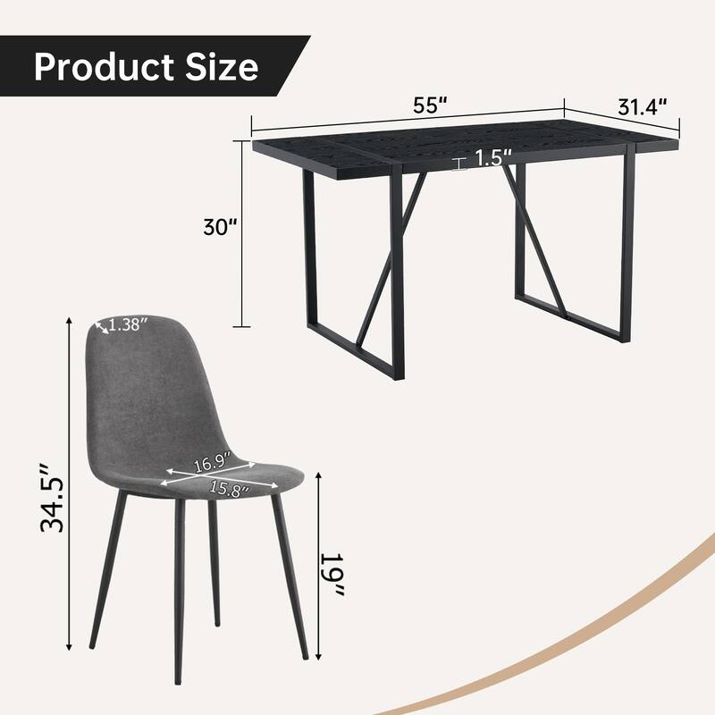 55-Inch Retro Rectangular Dining Table and Chair Set with Textured Tabletop, Includes 6 Linen-Cotton Dining Chairs
