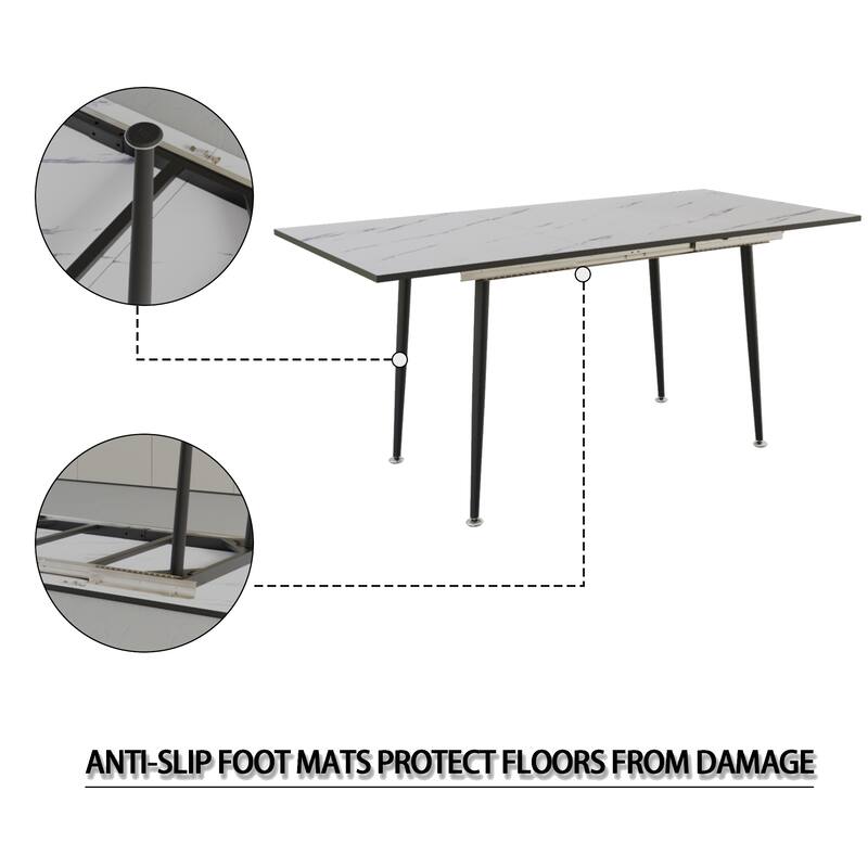 Square marble patterned dining table, modern industrial kitchen and dining table, equipped with tapered black metal legs