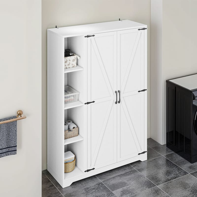 Moasis Farmhouse Wooden Barn Door Cleaning Cabinet with Storage Rack and Hanging Rods - White