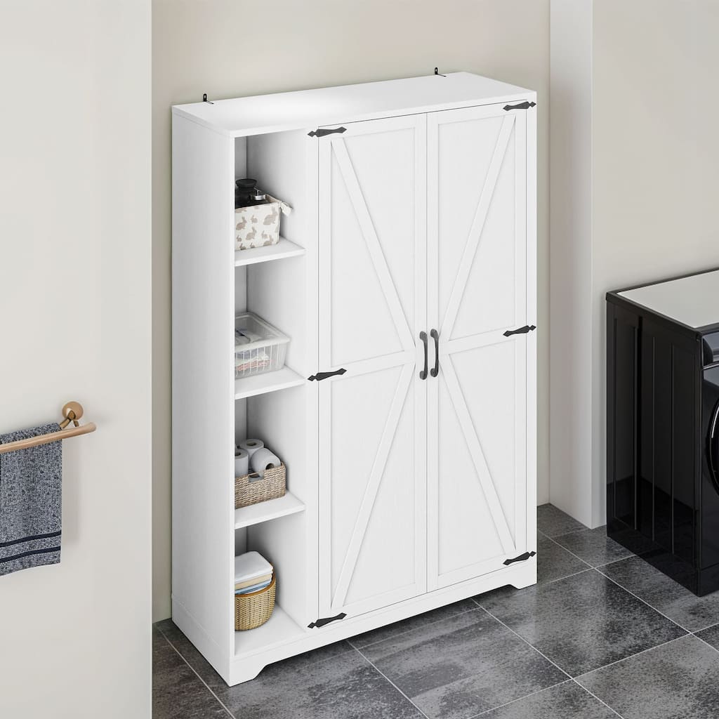 Moasis Farmhouse Wooden Barn Door Cleaning Cabinet with Storage Rack and Hanging Rods