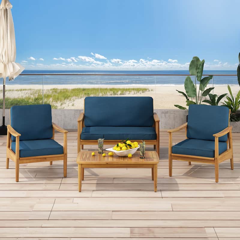 Willowbrook Outdoor Acacia Wood 4 Seater Chat Set by Christopher Knight Home - Teak Finish + Dark Teal