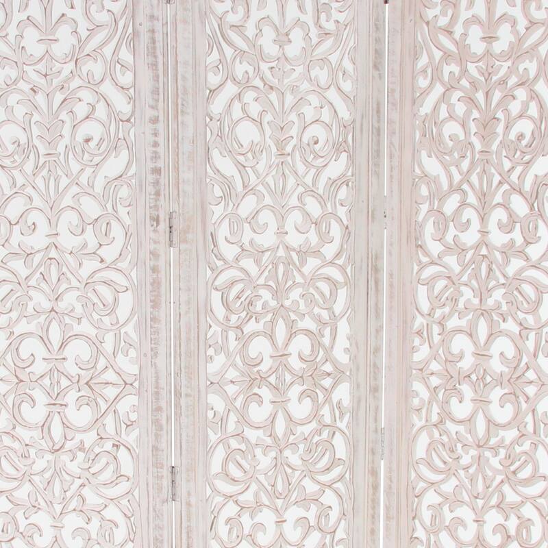 White Wooden Handmade Hinged Foldable Partition 3 Panel Floral Partition Room Divider Screen with Intricate Carved Design