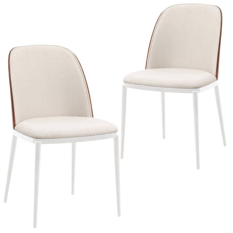 LeisureMod Tule Dining Chair with Upholstered Seat and White Steel Frame, Set of 2 - Walnut/Beige