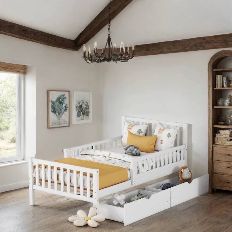 Twin Size Wood Platform Bed with Guardrails and Two Drawers