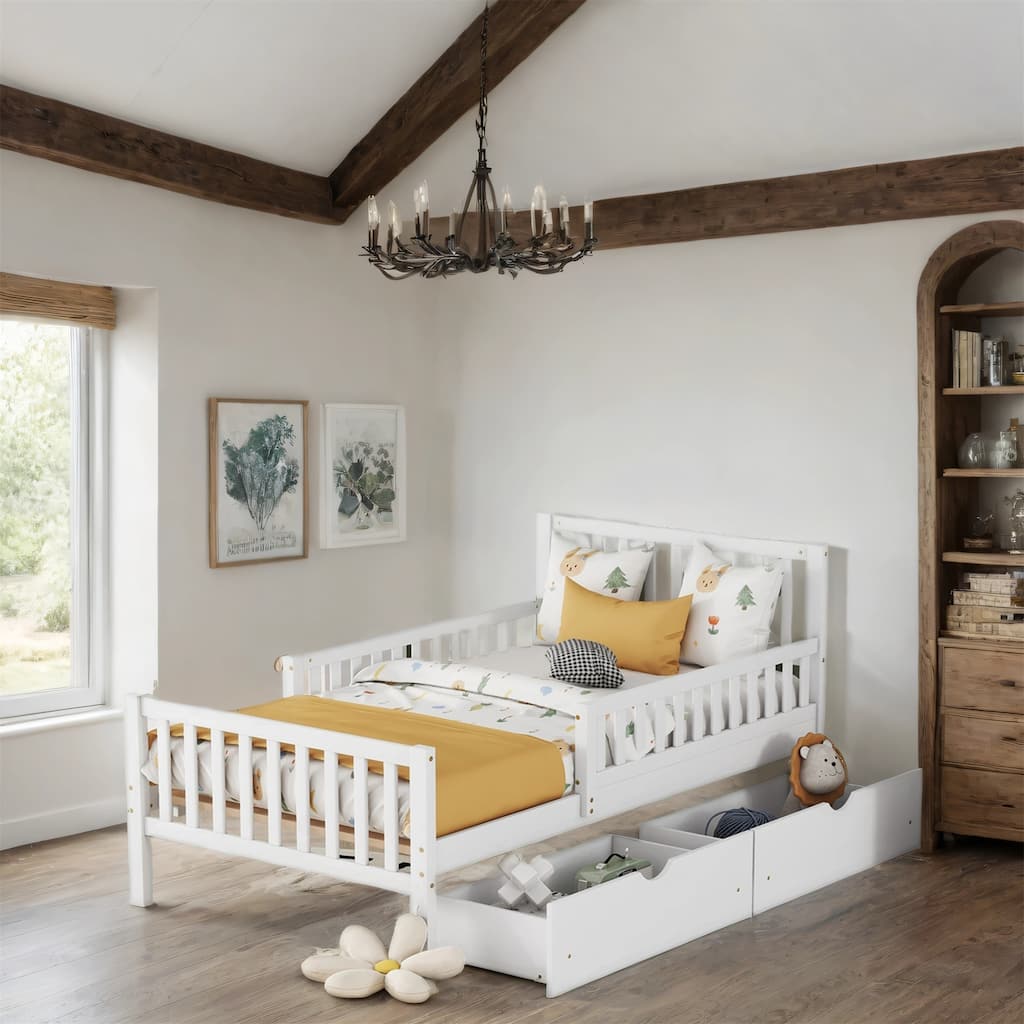 Twin Size Wood Platform Bed with Guardrails and Two Drawers