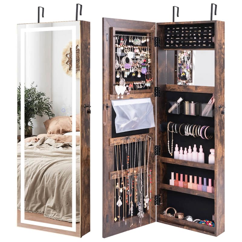 Costway Door Wall Mount Touch Screen LED Light Mirrored Jewelry - See Details - Coffee