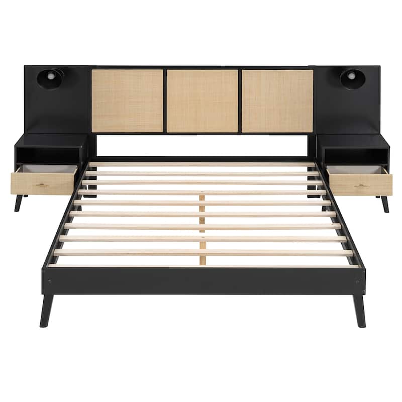 Queen Bedroom Set – Solid Wood Frame with Rattan Accents & Matching Nightstands .
