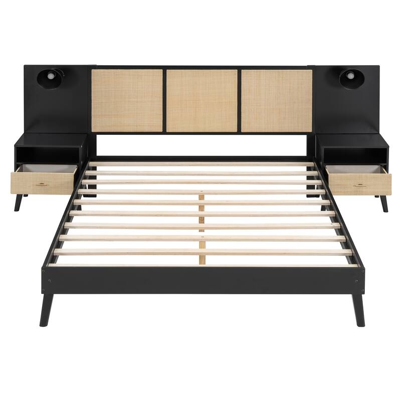 Queen Size Solid Wood Bed Frame with 2 Nightstands, Modern Platform Bed with Headboard, Lamps, Rattan Wood Combination Set