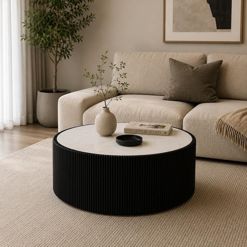 GDFStudio - Modern Sintered Stone Top Round Coffee Table with PU Leather Wrapped Cylinder Base - Black,White+Gold