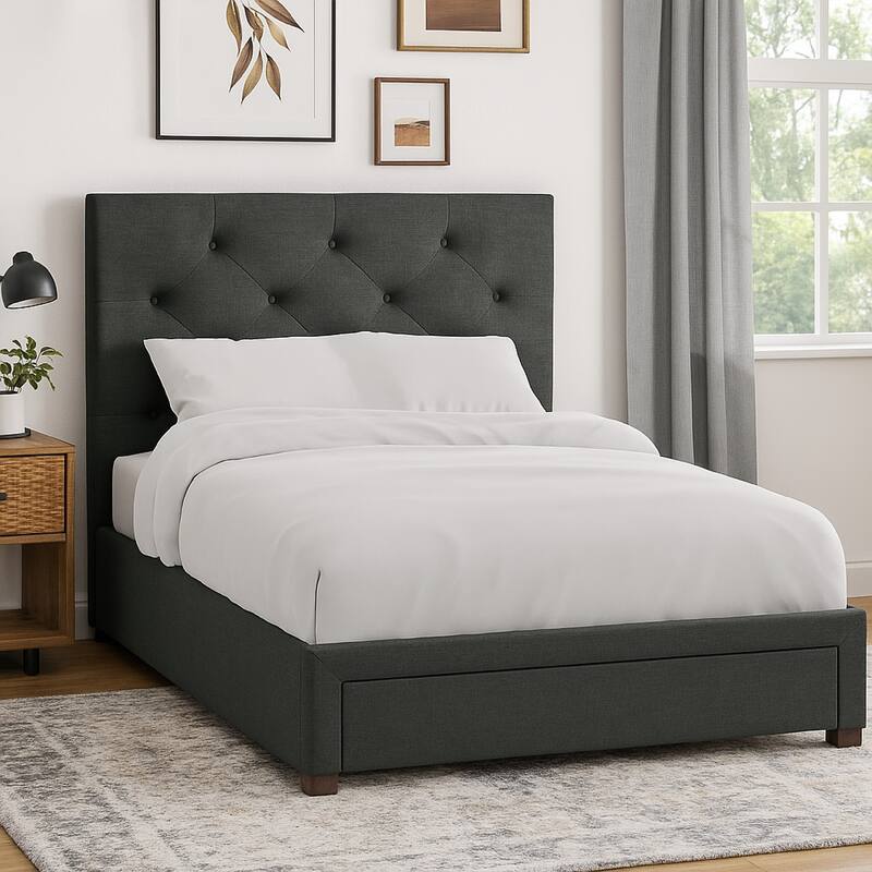 Sya Queen Size Bed w Tufted Upholstery, Underbed Storage, Dark Gray