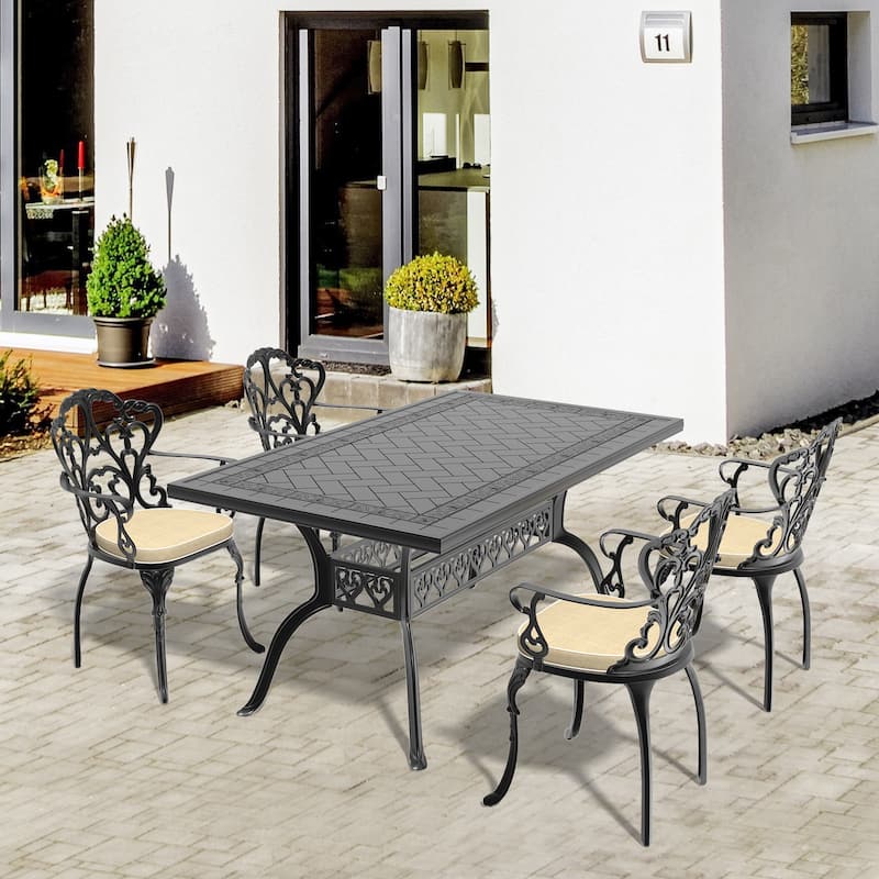 5/7-Piece Cast Aluminum Outdoor Dining Set with 59.06'' L X 35.43'' W Rectangular Table and Random Color Seat Cushions - Black( 5-Piece Sets-C)