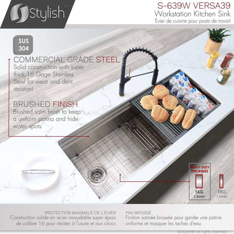 STYLISH 39 inches Workstation Single Bowl Undermount 16 Gauge Stainless Steel Kitchen Sink with Accessories included