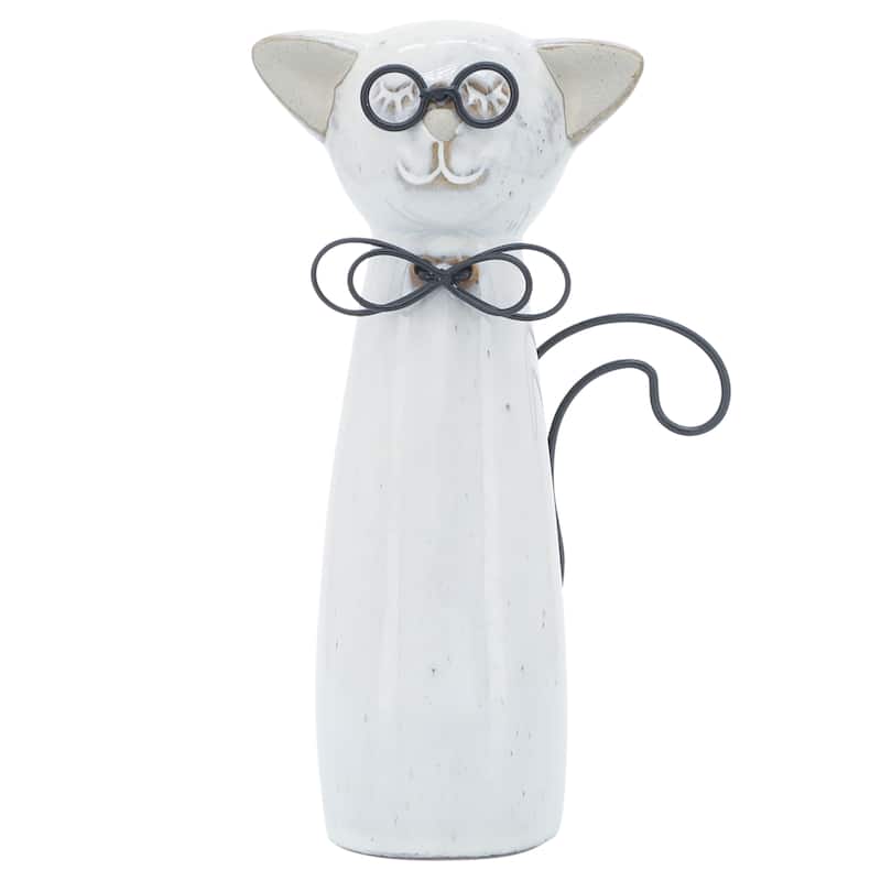 Sagebrook Home Modern Neutral Ceramic Cat with Glasses Figurine