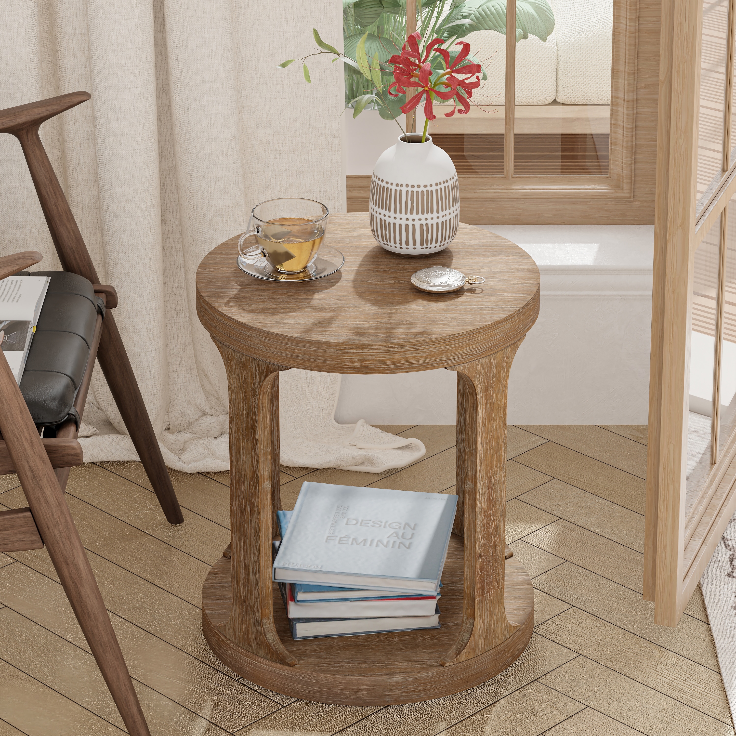 COZAYH Farmhouse End Table Wood Round Side Table for Small Space Rustic Small Pedestal Table for Living Room, Office, Couch
