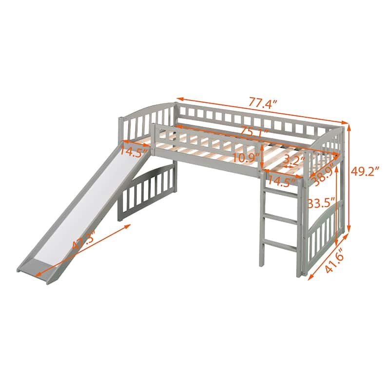Twin Size Loft Bed with Slide and Ladder, Solid Wood Frame with Guardrails for Kids or Teens