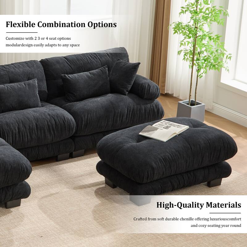 GALDWIN Velvet Upholstered 3-Seater Comfy U-shaped Cloud Tufted Free Combined Sectional Sofa with 2 Ottomans