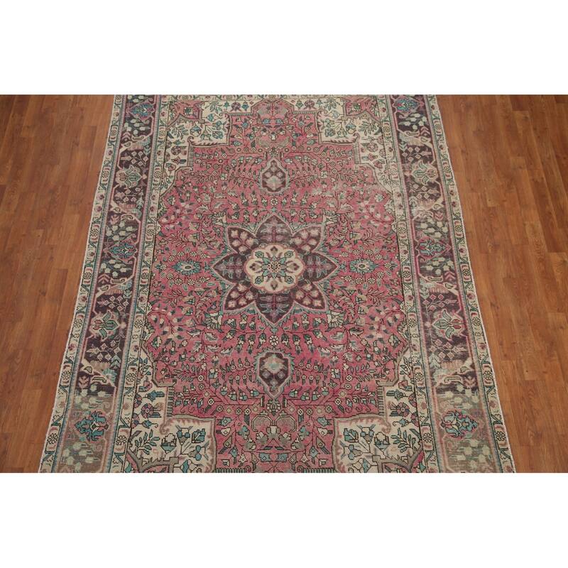 Hand Knotted Oriental 100% Wool Carpet Traditional Floral Pink Tabriz Area Rug - 10' 0'' X 6' 5''