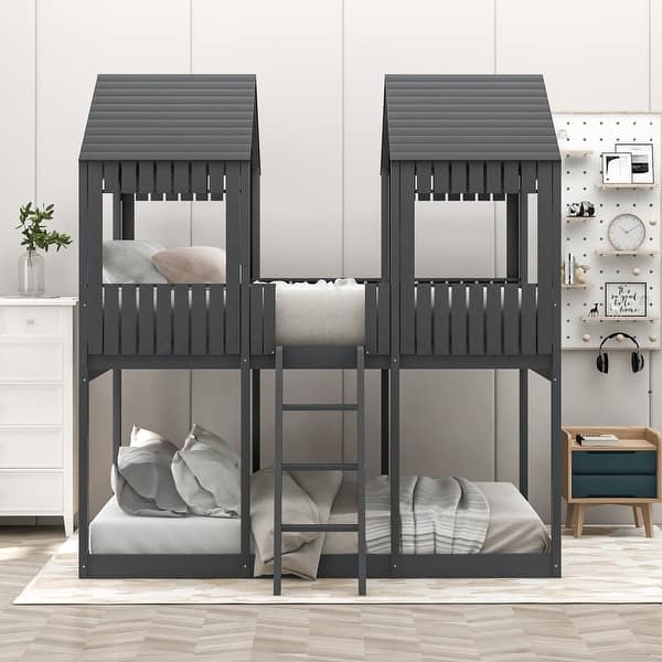 slide 2 of 39, Full Over Full House Bunk Bed with Roof, Windows, Guardrails & Ladder Grey - Full