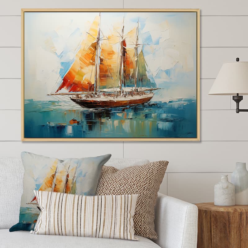 Designart "Moonlight Saiboat Horizon I" Boat Sailing Orange Wall Decor - Modern Entryway Framed Wall Art - 20 in. wide x 12 in. high - White