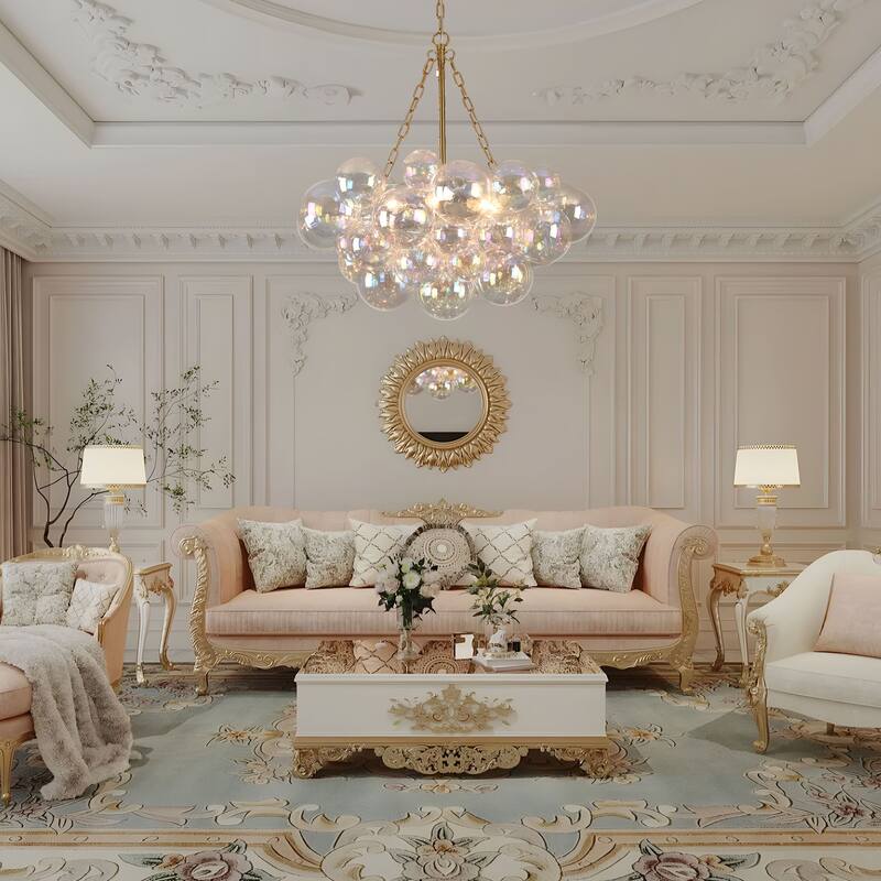 Starsky 6-Light lridescent Bubble Glass Globe chandelier, Hand-Blown Colorful cluster Light, Adjustable Height, Gold or Nickel