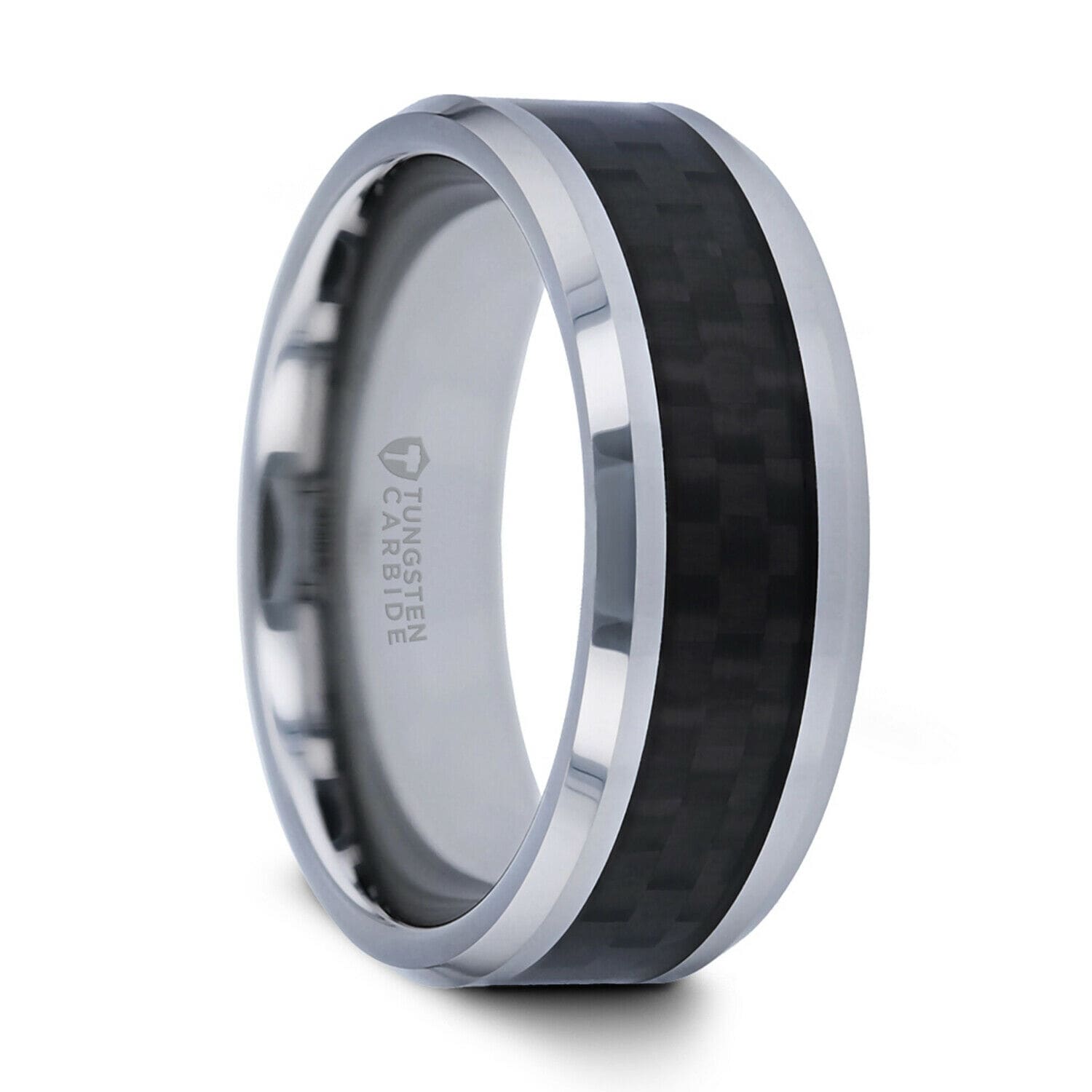Tungsten Carbide Wedding Ring with White Carbon Fiber Inlay Beveled Edges 10mm Band