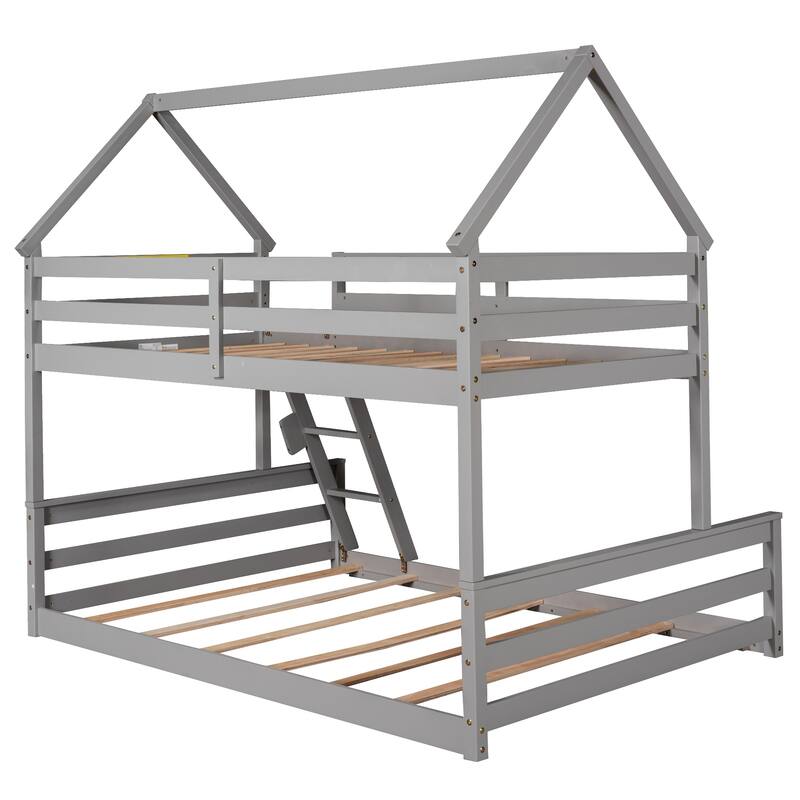 Roomfitters Twin Over Full House Bunk Bed with Built-In Ladder, Playhouse Roof