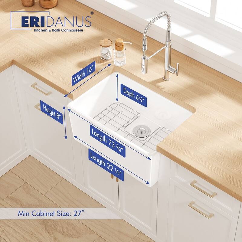 Eridanus Denbigh Farmhouse Apron 24" x 16" Crisp White Kitchen Sink