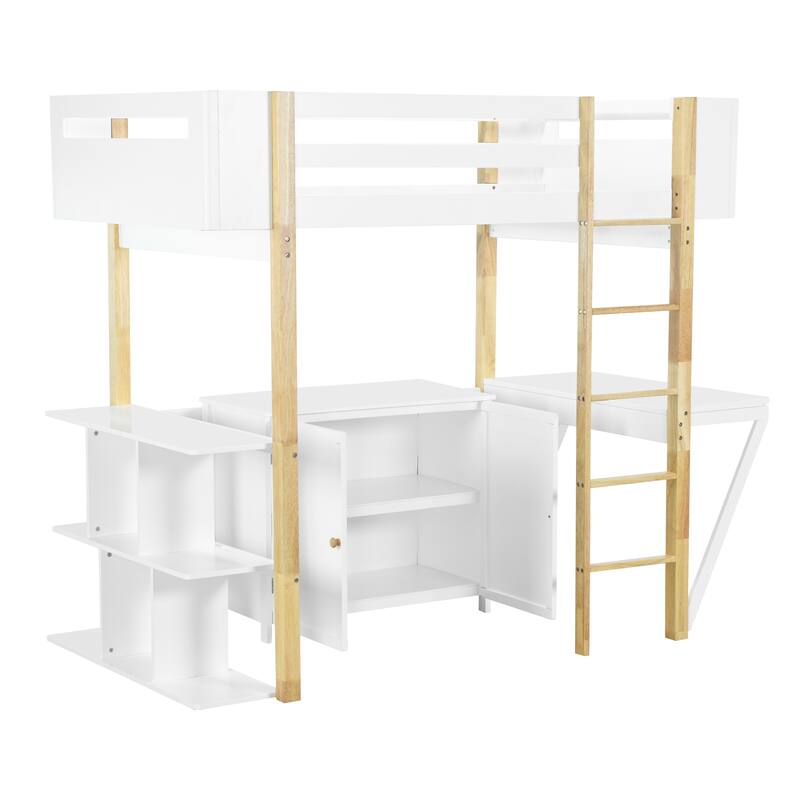 Twin Size Solid Wood Loft Bed with Built-in Storage and Foldable Desk
