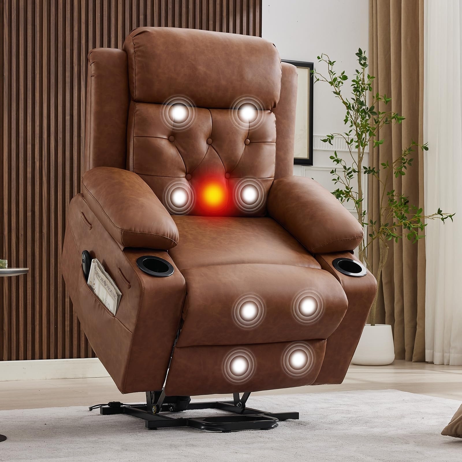 Power Lift Recliner Chair with Massage & Heating, Oversized PU Leather Lift Chair with Cup Holders & Side Pockets