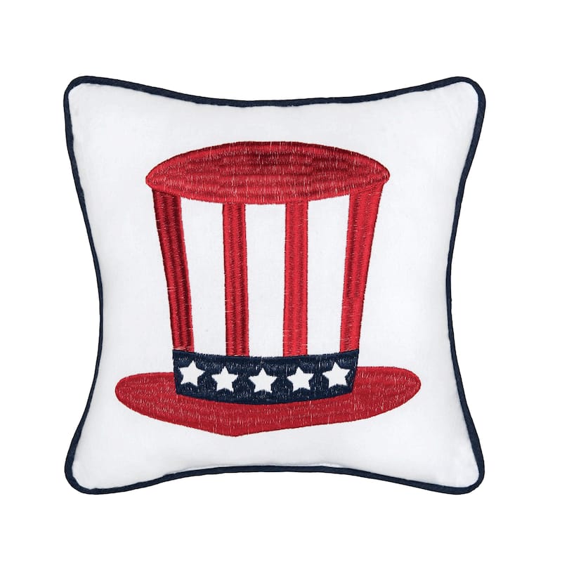 10" x 10" July 4 Hat Embroided Square Accent Small Petite Throw Pillow for 4th of July Patriotic