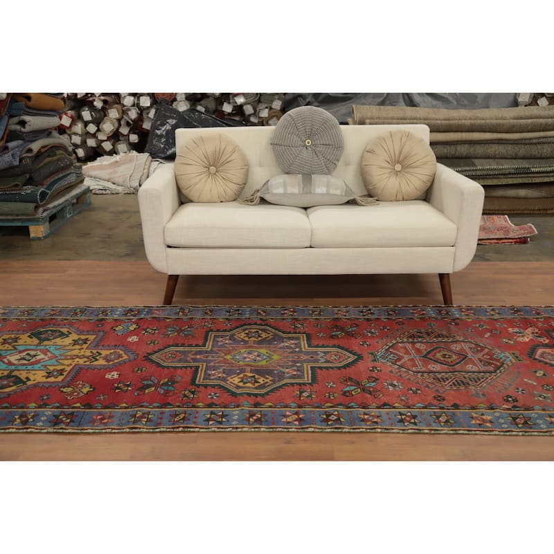 Hand Knotted Oriental 100% Wool Carpet Traditional Geometric Oranges & Rust Heriz Runner Rug - 12' 0'' X 3' 7''