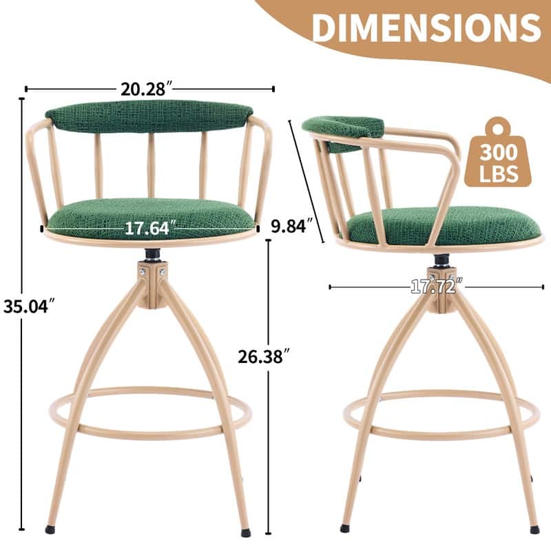 2 Piece Set of Green Swivel Bar Stools with Burlap Seat and Khaki Powder - Coated Iron Legs - N/A