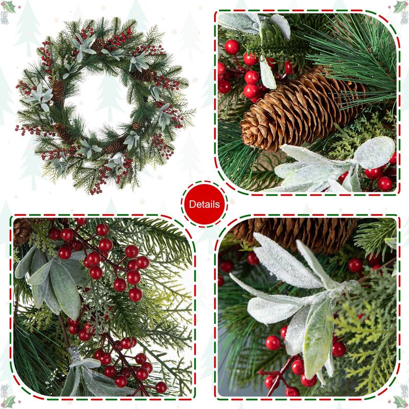 Glitzhome 24"D Christmas Pinecone Berry Wreath with Fabric Santa or Snowman