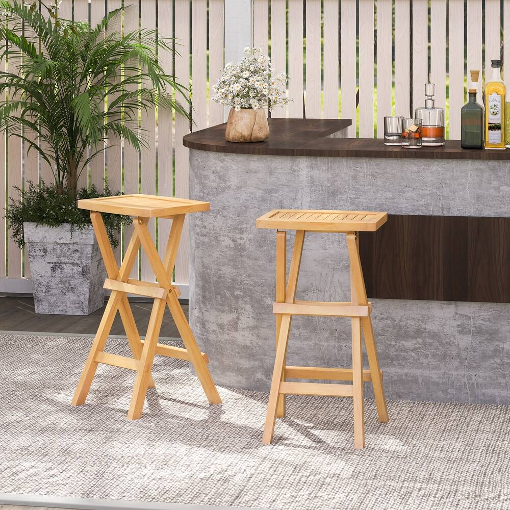 Set of 2 Teak Wood Outdoor Folding Counter Height Bar Stools with Backless Design for Kitchen - 17" x 16" x 29"