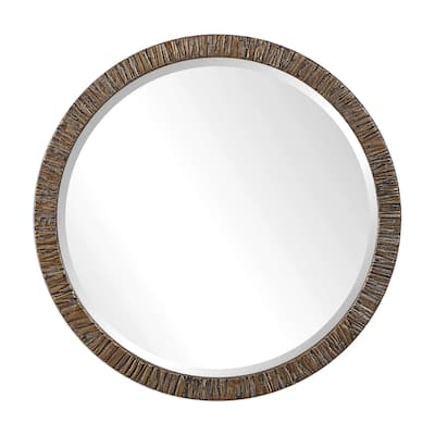 Uttermost Wayde 30" Round Rustic Wood Bark Framed Beveled Wall Mirror