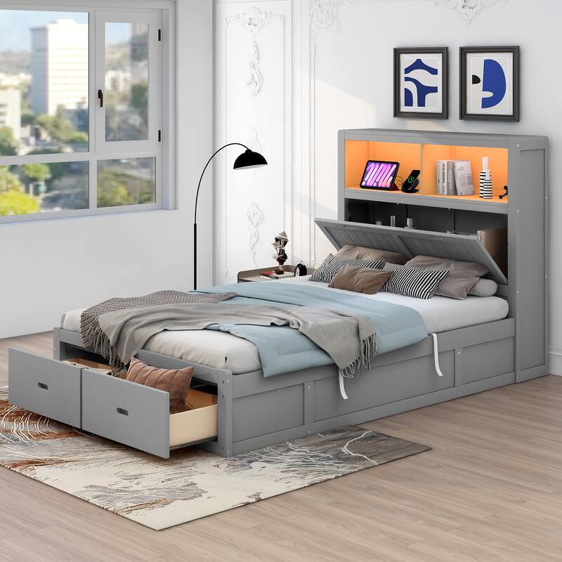 Wooden Platform Bed with Storage LED Headboard, Charging Station and 2 Drawers