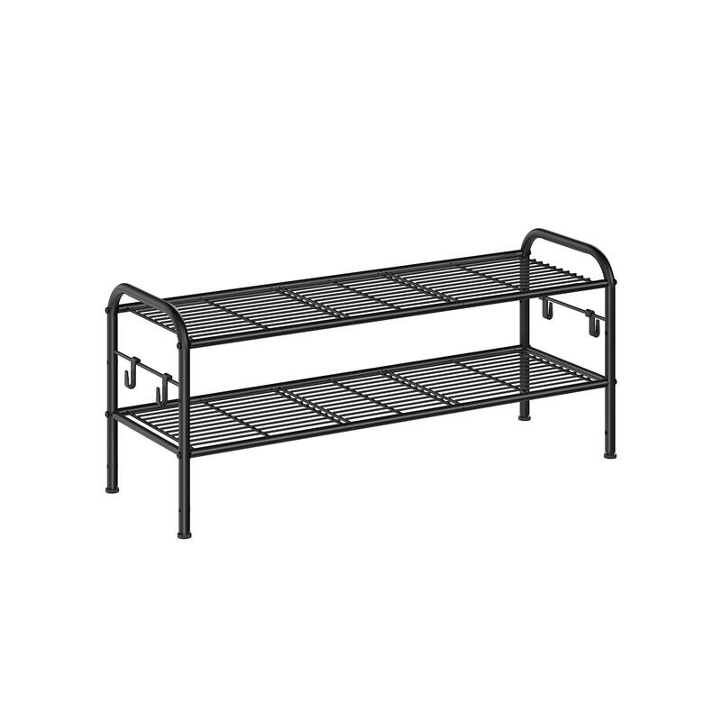 Moder Metal Shoe Rack Organizer with Shelf Storage with Side Hooks for Multiples Shoes Pairs - 2 Tier (11 x 33.5 x 13.7 Inches) - Ink Black