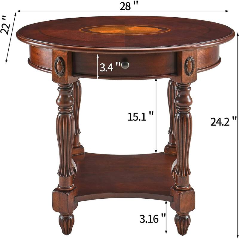 Solid Wood Oval End Table Sofa Table with Drawer and Storage Shelf