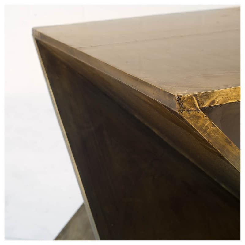 21 Inch Brass Clad Distressed Wood Abstract Z Shape End Table - 20" x 20" x 20.75"