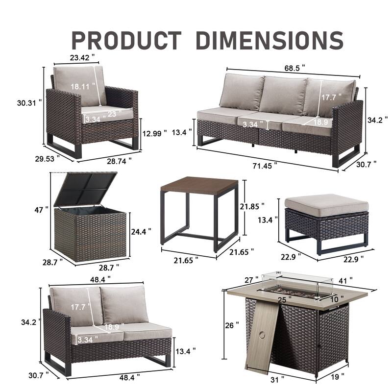 Gymojoy 7-9 Person All-Weather Wicker Outdoor Conversation Set Seating Group With Fire Pit Table