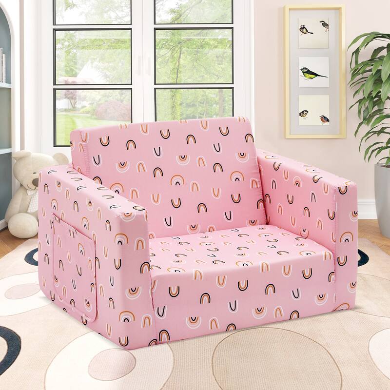 Kids Sofa, Children's 2 in 1 Convertible Sofa to Lounger - Pink Rainbow