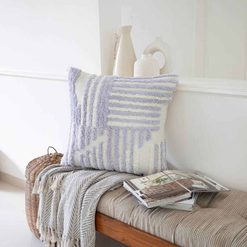 Handmade Abstract Geometric Shag Square Decorative Throw Pillow - 22" - Purple and White